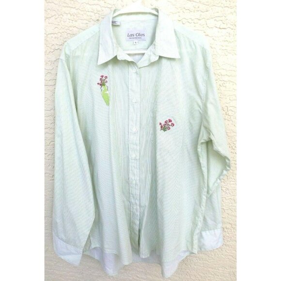 Las Olas L green stripe button up long sleeve embroidered flowers work office - Picture 1 of 7